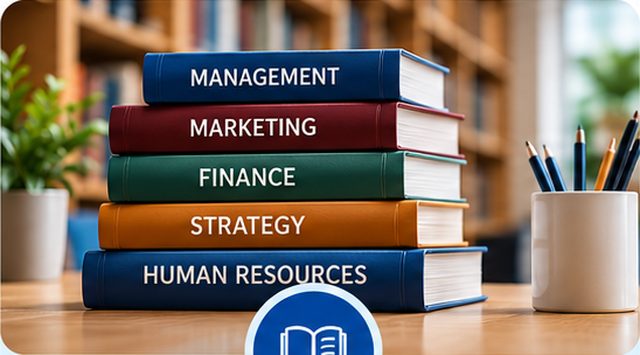 Stack of management, marketing and finance books